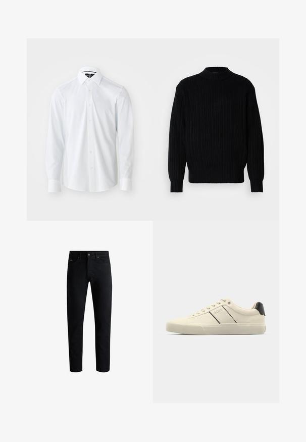 Svart ribbestrikket genser med høy krage, lange ermer og avslappet passform. Stoffet viser et strukturert mønster over hele overflaten.; Hvit skjorte med knapper laget av teksturert stoff med en slank design. Har lange ermer, spiss krage og hvite knapper.; Sorte slim-fit jeans med fem lommer, knaplukning og bæltestropper, præsenteret mod en hvid baggrund.; Kremfargede joggesko med en glatt overflate, med svarte detaljer og merkevare. K klassisk snøringsdesign med rund tå og gummisåle.