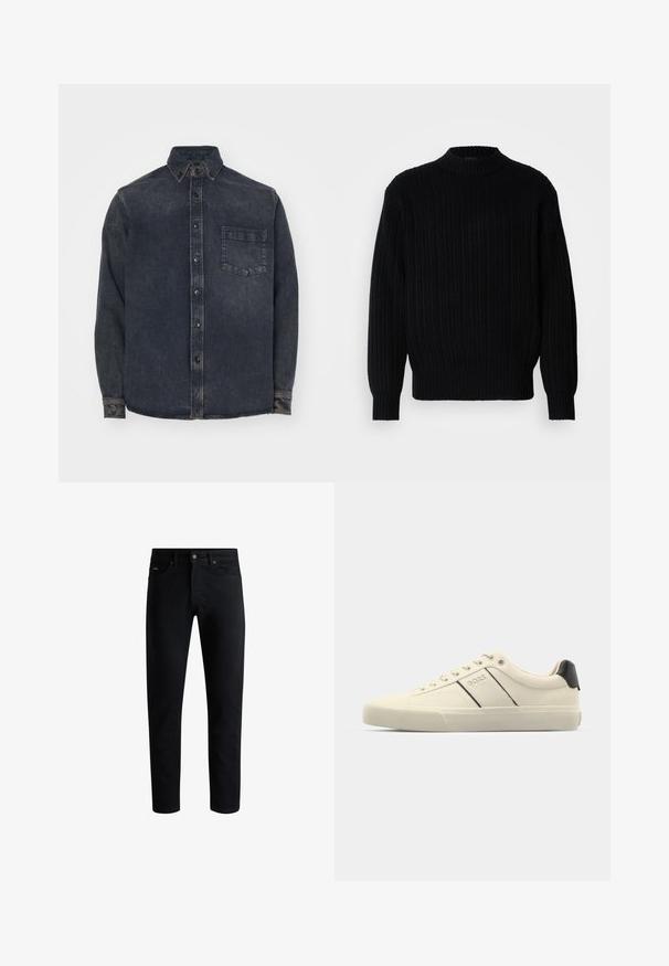 Sweater preto em malha canelada com gola alta, mangas longas e um corte relaxado. O tecido apresenta um padrão texturizado por toda a superfície.; Camisa de ganga azul-escura com colarinho abotoado, apresentando um bolso no peito e uma textura desbotada. Mangas longas com punhos abotoados.; Jeans pretos slim-fit com cinco bolsos, fecho de botão e passantes para cinto, exibidos contra um fundo branco.; Sapatilhas de cor creme com uma textura suave, apresentando detalhes e marcação em preto. Design clássico com atacadores e bico redondo, e sola de borracha.