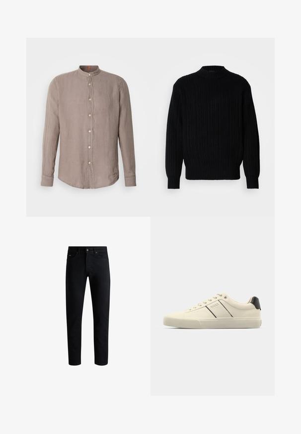 Juodas raštuotas megztinis su aukšta apykakle, ilgomis rankovėmis ir laisvu siluetu. Audinys demonstruoja tekstūruotą raštą visame paviršiuje.; Dugno ilgomis rankovėmis marškiniai tamsiai smėlinės spalvos lino, su mandarinų apykakle, talpina mygtukus priekyje ir subtilią tekstūrą, sukurti su išlenkta apačia.; Juodos slim fit džinsinės kelnės su penkiomis kišenėmis, mygtukų uždarymu ir diržo kilpomis, parodytos prieš baltą foną.; Kreminių spalvų sportbačiai su lygiu paviršiumi, turintys juodus akcentus ir ženklinimą. Klasikinis raištelių užsegimas su apvaliu pirštu ir guminiu padu.