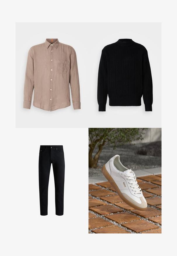 Juodas raštuotas megztinis su aukšta apykakle, ilgomis rankovėmis ir laisvu siluetu. Audinys demonstruoja tekstūruotą raštą visame paviršiuje.; Ilga rankovė, šviesiai ruda lininė marška su mygtukų apykakle, priekinė kišenė ir šviesūs mygtukai. Audinys su tekstūra, laisvo kirpimo.; Juodos slim fit džinsinės kelnės su penkiomis kišenėmis, mygtukų uždarymu ir diržo kilpomis, parodytos prieš baltą foną.; Baltos odinės sportinės bateliai su smėlio spalvos zomšos akcentais, turintys apvalų šoną, aulinį užsegimą ir rudą gumos pado dalį, ant kurios matyti prekės ženklas "BOSS."