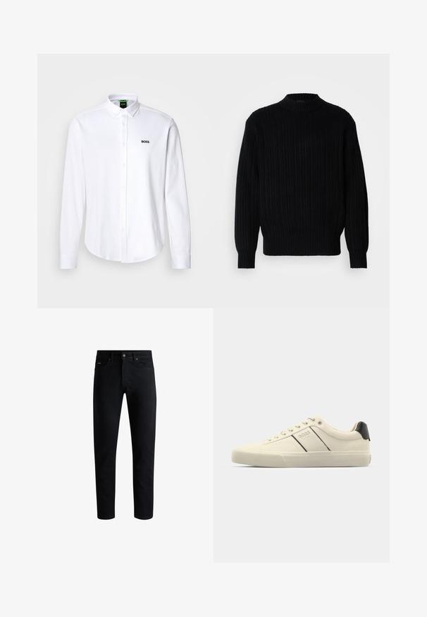 Zwarte geribde gebreide trui met hoge kraag, lange mouwen en een ontspannen pasvorm. De stof vertoont een gestructureerd patroon over het hele oppervlak.; Witte button-down shirt gemaakt van katoen, met een klassieke kraag en een subtiel geborduurd logo op de linkerkant van de borst. Soepele textuur.; Zwarte denim jeans met een rechte pasvorm, vijf zakken, metalen knoopsluiting en subtiele stiksels langs de naden.; Crème-kleurige sneakers met een gladde textuur, voorzien van zwarte accenten en branding. Tijdloos vetersysteem met een ronde neus en rubberen zool.
