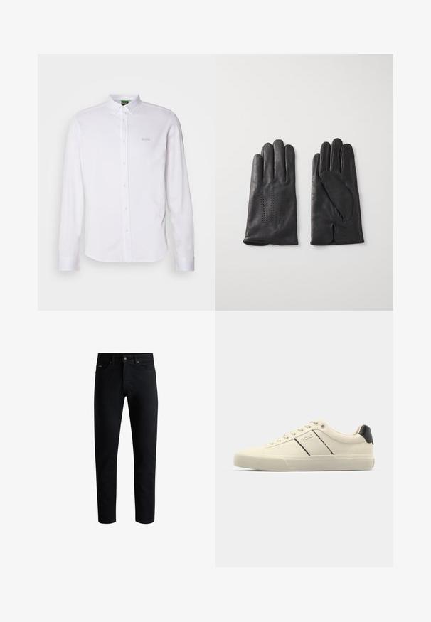 Zwarte geribde gebreide trui met hoge kraag, lange mouwen en een ontspannen pasvorm. De stof vertoont een gestructureerd patroon over het hele oppervlak.; Witte langwerpige overhemd met lange mouwen, gemaakt van gladde stof. Bevat een klassieke kraag, knopen aan de voorkant en een geborduurd "BOSS" logo op de borst.; Zwarte slim-fit jeans met vijf zakken, knoopsluiting en riemlussen, tegen een witte achtergrond gepresenteerd.; Crème-kleurige sneakers met een gladde textuur, voorzien van zwarte accenten en branding. Tijdloos vetersysteem met een ronde neus en rubberen zool.; Zwarte leren handschoenen met vijf vingers, voorzien van decoratieve stiksels. De binnenkant heeft een zachte voering en een open wijsvingerdesign.