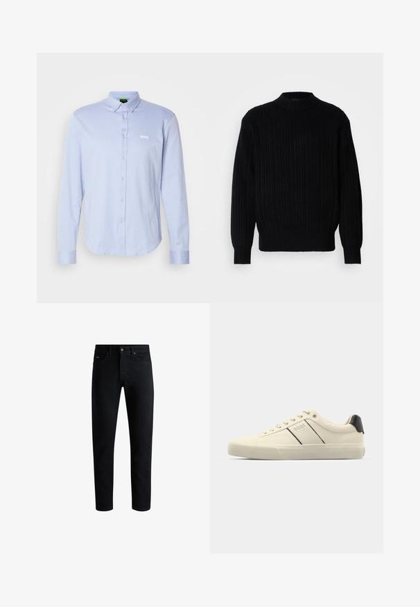 Fekete bordázott kötött pulóver magas gallérral, hosszú ujjakkal és laza szabással. Az anyag texturált mintázatot mutat a felületen.; Világoskék, hosszú ujjú, gombos ing, hegyes gallérral, fehér logóval a mellrészen és texturált anyagból készült. Szabványos méretű és ívelt aljjal.; Fekete, slim-fit farmernadrág, öt zsebbel, gombos záródással és övbújtatókkal, fehér háttér előtt bemutatva.; Krém színű sneakers, sima textúrával, fekete kiegészítőkkel és márkajelzéssel. Klasszikus fűzős dizájn, kerek orral és gumitalppal.