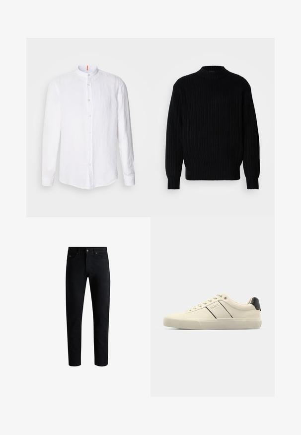 Fekete bordázott kötött pulóver magas gallérral, hosszú ujjakkal és laza szabással. Az anyag texturált mintázatot mutat a felületen.; Fehér vászon ing mandarin gallérral, elöl gombos záródással, hosszú ujjakkal és finom textúrával. Figyelemre méltó narancssárga akcentussal a galléron.; Fekete, slim-fit farmernadrág, öt zsebbel, gombos záródással és övbújtatókkal, fehér háttér előtt bemutatva.; Krém színű sneakers, sima textúrával, fekete kiegészítőkkel és márkajelzéssel. Klasszikus fűzős dizájn, kerek orral és gumitalppal.