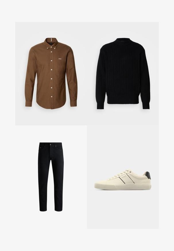 Fekete bordázott kötött pulóver magas gallérral, hosszú ujjakkal és laza szabással. Az anyag texturált mintázatot mutat a felületen.; BOSS ROAN - Ing - brown; Fekete, slim-fit farmernadrág, öt zsebbel, gombos záródással és övbújtatókkal, fehér háttér előtt bemutatva.; Krém színű sneakers, sima textúrával, fekete kiegészítőkkel és márkajelzéssel. Klasszikus fűzős dizájn, kerek orral és gumitalppal.