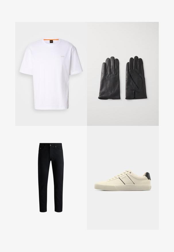 Sort ribbet striktrøje med høj krave, lange ærmer og en afslappet pasform. Stoffet har et struktureret mønster over hele overfladen.; Hvid bomuld t-shirt med korte ærmer, rund halsudskæring og subtilt "BOSS" logo i beige på brystet. Glat tekstur og lige pasform.; Sorte slim-fit jeans med fem lommer, knaplukning og bæltestropper, præsenteret mod en hvid baggrund.; Cremefarvede sneakers med en glat tekstur, der har sorte accenter og branding. Klassisk snørebåndsdesign med rund tå og gummisål.; Sorte læderhandsker med fem fingre, der har dekorativ søm. Indersiden har en blød foring og et åbent design til pegefingeren.