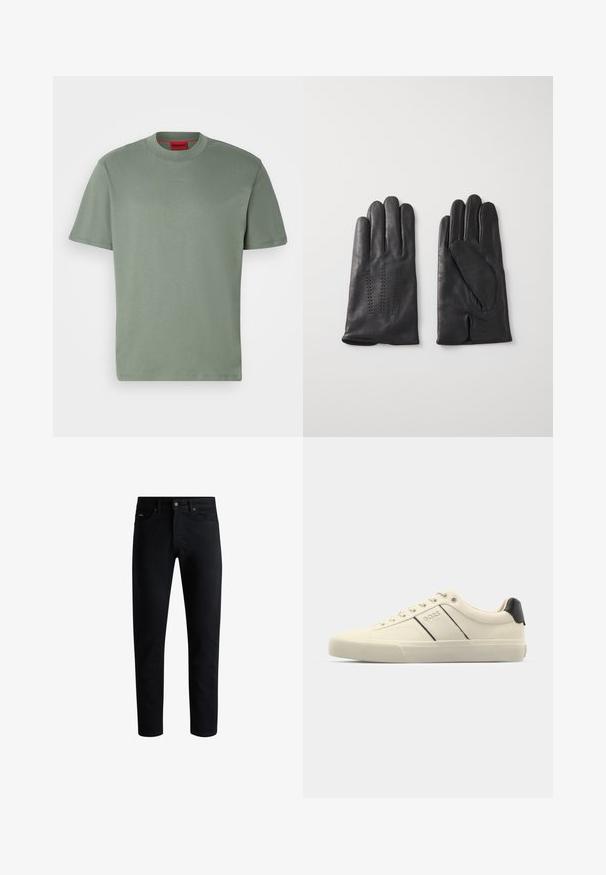 Črni rebrasti pleteni pulover z visokim ovratnikom, dolgimi rokavi in sproščenim krojem. Tkanina prikazuje teksturiran vzorec po celotni površini.; Zelena bombažna majica, kroja z okroglim izrezom, kratkimi rokavi, z izbočenim logotipom "HUGO" v usklajeni barvi spredaj. Gladka tekstura.; Črne slim-fit kavbojke z vsemi petimi žepi, zapiranjem na gumb in zankami za pas, prikazane na beli podlagi.; Kremni teniski čevlji z gladko teksturo, ki imajo črne poudarke in blagovno znamko. Klasična zasnova z vezalkami, okrogla konica in gumijast podplat.; Črne usnjene rokavice s petimi prsti, ki vsebujejo dekorativno šivanje. Notranjost ima mehak podložek in odprt dizajn kazalca.