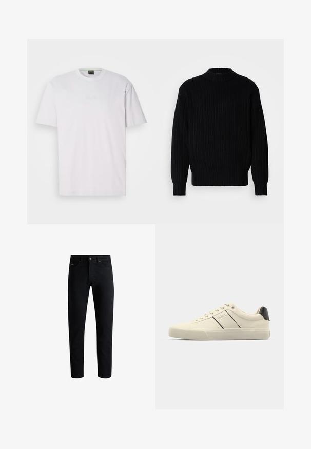 Mustat ribbed-neulepaita, jossa on korkea kaulus, pitkät hihat ja rento istuvuus. Kangas esittää tekstuurista kuviota koko pinnan alueella.; Valkoinen lyhythihainen T-paita, joka on valmistettu puuvillasta. Sisältää pyöreän kaula-aukon ja huomaamattoman brodeeratun "BOSS"-logon keskellä. Sileä pinta.; Musta kapea slim-fit farkut viidellä taskulla, napitettava sulkeminen ja vyölenkit, esitelty valkoista taustaa vasten.; Kermanväriset tennarit, joissa on sileä pinta, mustilla yksityiskohdilla ja brändäyksellä. Klassinen nauhoilla suljettava malli, pyöreä kärki ja kumipohja.