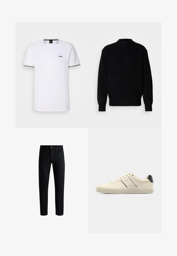 Must värvitud soonikuga kootud sviiter kõrge kraega, pikkade käistega ja mugava lõikega. Kanga pinnal on nähtav tekstuurne muster.; Valge lühikeste varrukate ja musta äärega t-särk. Vasakul rinnal on väike must "BOSS" logo.; Must mustrikot, viie taskuga, nupuga sulgus ja vöökonksudega, esitatud valge tausta ees.; Kreemikaalased sneekerid sileda pinnaga, millel on mustad aktsendid ja bränding. Klassikaline paeltega mudel ümmarguse ninaga ja kummist tallaga.