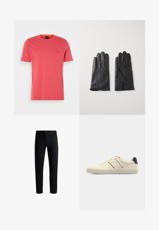 Maglione nero a coste con collo alto, maniche lunghe e una vestibilità comoda. Il tessuto presenta un motivo testurizzato su tutta la superficie.; T-shirt in cotone corallo con collo rotondo, maniche corte e un piccolo logo in rilievo sul lato sinistro del petto. Texture liscia e vestibilità rilassata.; Jeans neri slim fit con cinque tasche, chiusura a bottoni e passanti per cintura, esposti su uno sfondo bianco.; Sneaker color crema con una texture liscia, caratterizzate da accenti e marchi neri. Design classico con lacci, punta rotonda e suola in gomma.; Guanti in pelle nera con cinque dita, caratterizzati da cuciture decorative. L'interno ha un rivestimento morbido e un design con l'indice aperto.