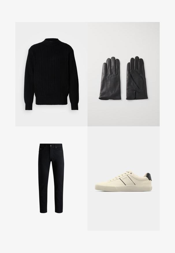 Fekete bordázott kötött pulóver magas gallérral, hosszú ujjakkal és laza szabással. Az anyag texturált mintázatot mutat a felületen.; Fekete, slim-fit farmernadrág, öt zsebbel, gombos záródással és övbújtatókkal, fehér háttér előtt bemutatva.; Krém színű sneakers, sima textúrával, fekete kiegészítőkkel és márkajelzéssel. Klasszikus fűzős dizájn, kerek orral és gumitalppal.; Fekete bőr kesztyűk öt ujjal, díszvarrással. A belseje puha bélelésű és nyitott mutatóujj designnal rendelkezik.