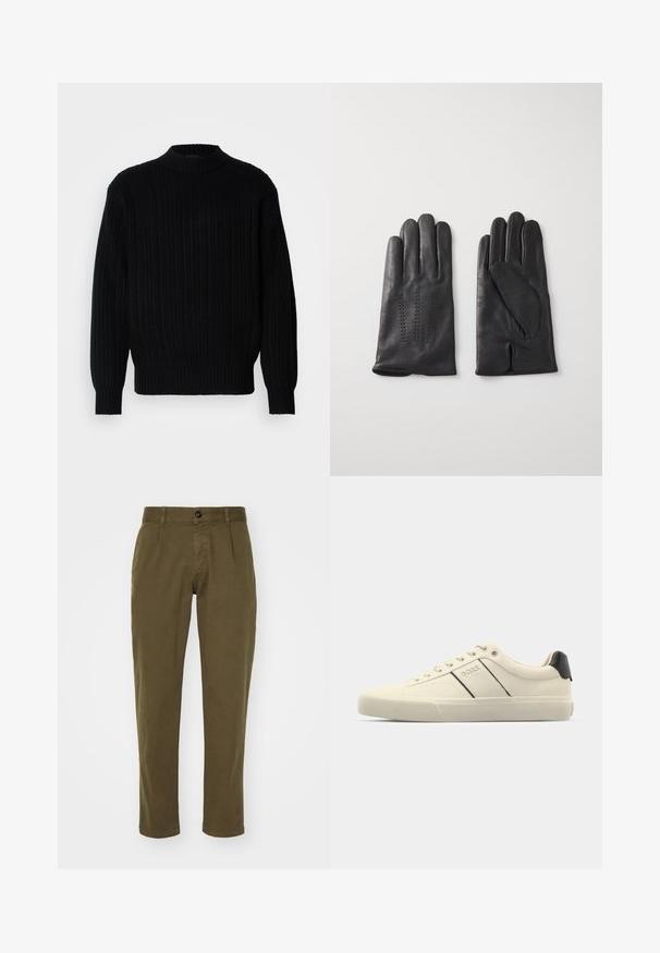 Maglione nero a coste con collo alto, maniche lunghe e una vestibilità comoda. Il tessuto presenta un motivo testurizzato su tutta la superficie.; Pantaloni di cotone verde oliva con vestibilità dritta, dotati di chiusura frontale con bottone, passanti per cintura e tasche laterali. Texture liscia.; Sneaker color crema con una texture liscia, caratterizzate da accenti e marchi neri. Design classico con lacci, punta rotonda e suola in gomma.; Guanti in pelle nera con cinque dita, caratterizzati da cuciture decorative. L'interno ha un rivestimento morbido e un design con l'indice aperto.