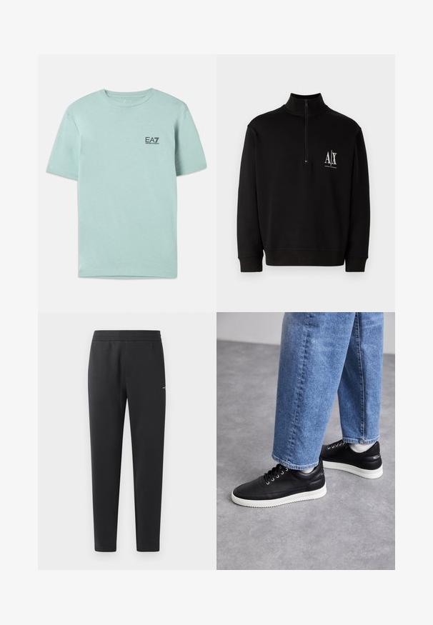 Czarna bluzka z zamkiem, wykonana z mieszanki bawełny. Posiada wysoki kołnierz, ściągacze na rękawach oraz małe białe logo na lewej piersi.; Jasnozielona koszulka z bawełny, z krótkimi rękawami i okrągłym dekoltem, z małym czarnym logo EA7 na piersi.; Czarne spodnie dresowe z miękkiego materiału, z elastycznym paskiem, prostymi nogawkami oraz małym logo z boku.; Czarne skórzane trampki z białymi gumowymi podeszwami, z okrągłymi sznurówkami, gładką powierzchnią i subtelnym logo na pięcie. Noszone z niebieskimi dżinsami.
