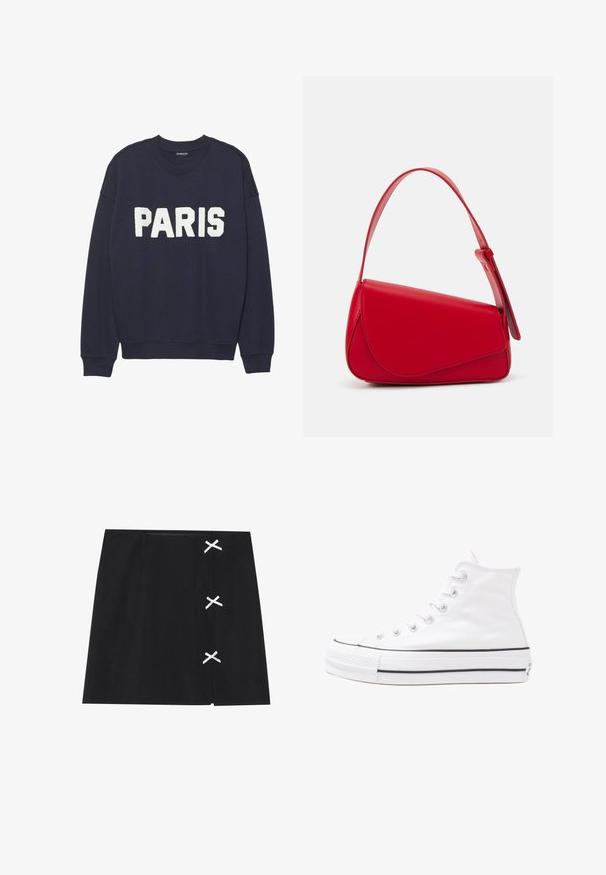 Navy blue sweatshirt with ribbed cuffs and neckline, featuring white fleece lettering that reads "PARIS" on the front.; Black mini skirt with a smooth texture, featuring white crossed ribbons on the left side. Simple design with a straight cut.; White high-top canvas sneaker with black rubber sole, front rubber toe cap, and six eyelets for laces, featuring a clean, minimalist design.; Red leather handbag with an angular, geometric design. Features a single adjustable strap and a flap closure with stitched detailing.