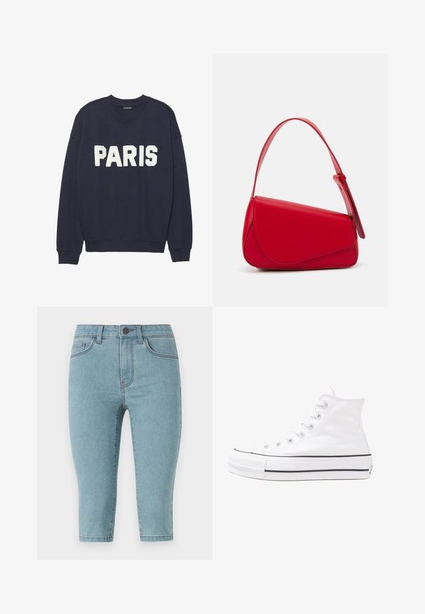 Mornarsko moder pulover s rebrastimi manšetami in ovratnikom, ki na sprednji strani nosi belo flisasto črkovanje "PARIZ".; Svetlo modri kavbojki capri, s prilegajočim dizajnom, srednjim pasom, petimi žepi in subtilnimi šivi ob šivih.; Beli visoki platneni športni čevelj z črnim gumijastim podplatom, sprednjim gumijastim zaščitnikom za prste in šestimi luknjicami za vezalke, ki se ponaša s preprostim, minimalističnim dizajnom.; Rdeča usnjena torba z angularnim, geometrijskim dizajnom. Ima en samostoječ nastavljiv ročaj in pokrov, zaprt z zapiranjem, ki je okrašen s šivi.