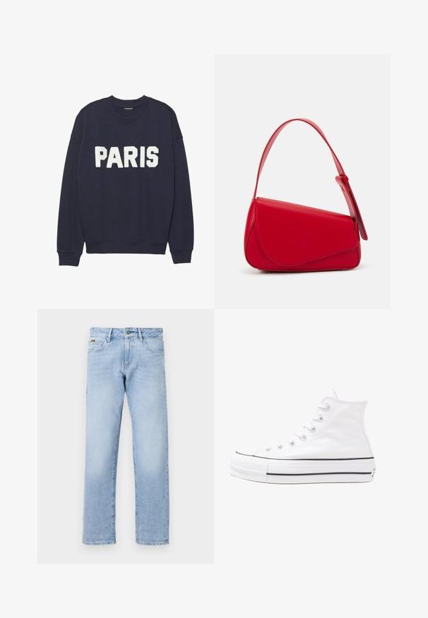 Sötétkék pulóver bordázott mandzsettákkal és nyakkal, amelynek elején fehér bolyhos betűk olvashatók: "PARIS".; Világoskék, egyenes szárú farmernadrág; elöl gombos záródással, klasszikus öt zsebes kialakítással és enyhe kopással a textúra érdekében.; Fehér magaskorsó vászon sportcipő fekete gumi talppal, elülső gumi orrnyereggel és hat fűzőlyukkal, letisztult, minimalista dizájnnal.; Piros bőr kézitáska szögletes, geometrikus kialakítással. Egy állítható pánttal és varrott részletekkel ellátott fedélzárral rendelkezik.
