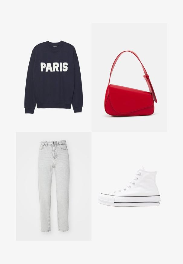 Tamsiai mėlynas džemperis su raštuotais rankogaliais ir apykakle, ant priekio su baltais pūkuotais užrašais, kurie skaitomi "PARIŠ".; Šviesiai pilkos džinsinės kelnės su aukštu liemeniu ir tiesiom kojomis, su užtrauktuku ir knopke, penkiomis kišenėmis ir prablukusiu audiniu.; Balti aukštakulniai drobės sportbačiai su juodu guminio pado, priekinio guminio piršto dangteliu ir šešiais akytėmis raištams, pasižymintys švariu, minimalistiniu dizainu.; Raudona odinė rankinė su kampuota, geometrine forma. Pasižymi viena reguliuojama dirželiu ir dangteliu su siuvinėtais dekoracijomis.