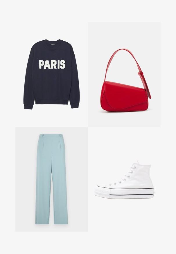 Mørkeblå genser med ribbestrikkede mansjetter og krage, som har hvit fleece-bokstaver som sier "PARIS" på fronten.; Lyseblå bukser med skreddersydd design, med folder og knappdetaljer i livet. Laget av glatt, lett stoff.; Hvit høy-skinn kanvas sneakers med svart gummisåle, gummitåhette foran og seks hull for snorer, med et rent, minimalistisk design.; Rød lærveske med en vinklet, geometrisk design. Har en enkelt justerbar stropp og en klaffelukking med sydd detaljer.