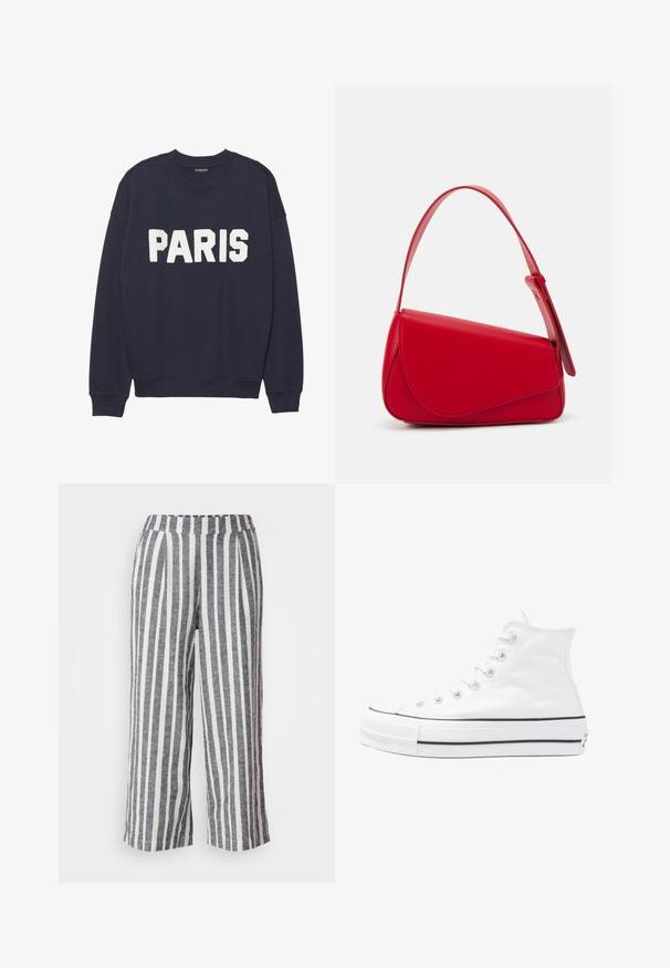 Sweatshirt azul-marinho com punhos e gola canelados, apresentando letras em fleece brancas que dizem "PARIS" na frente.; Calças listradas com um corte solto, compostas por um tecido leve. Apresentam largas riscas verticais em cinza escuro e branco e uma cintura elástica.; Sapatilha alta de tela branca com sola de borracha preta, bico de borracha na frente e seis ilhós para os atacadores, apresentando um design limpo e minimalista.; Bolsa de mão em couro vermelho com um design angular e geométrico. Apresenta uma única alça ajustável e um fecho com aba, com detalhes cosidos.
