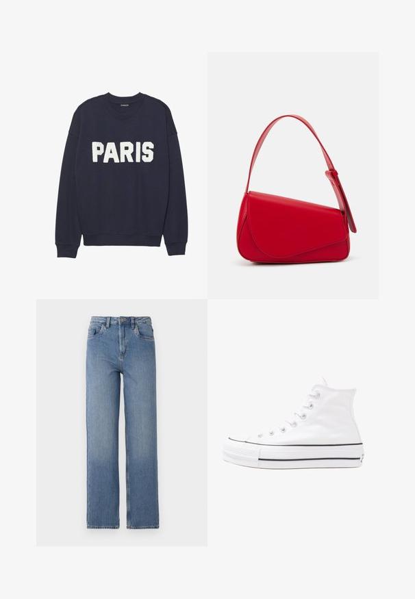 Mörkblå sweatshirt med ribbad muddar och krage, med vit fleece-text som står "PARIS" på framsidan.; Höga blå denimjeans med rak ben. Har klassisk femficksdesign och subtila blekningar på framsidan.; Vit hög topp canvas sneaker med svart gummisulan, framsidan gummitåhätta och sex öglor för snören, med en ren, minimalistisk design.; Röd läderhandväska med en vinkelrät, geometrisk design. Har ett justerbart axelband och en klaffstängning med sydda detaljer.