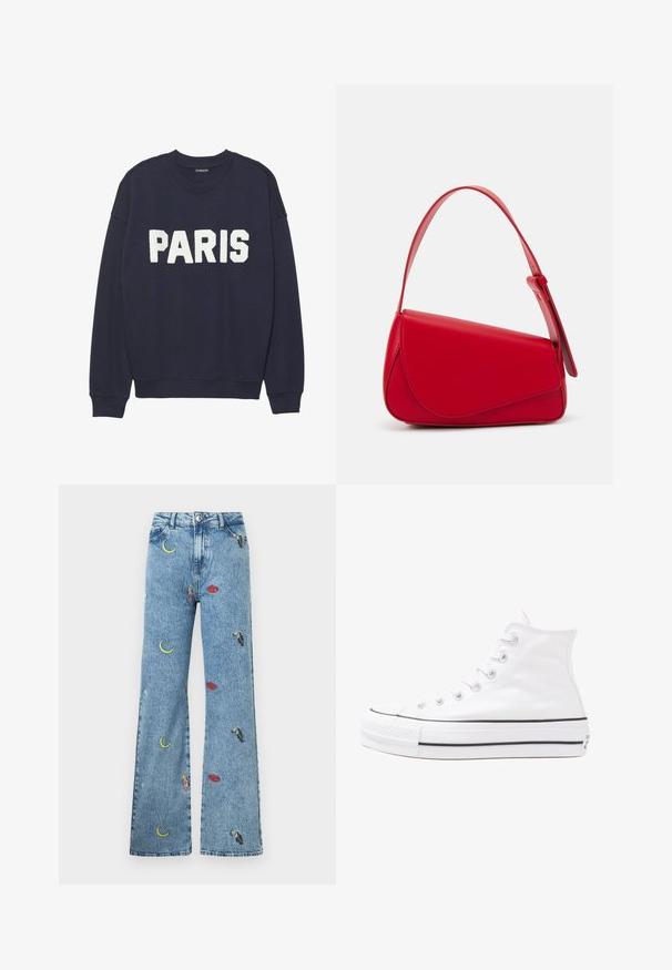 Tumši zils džemperis ar ribotām aprocēm un dekoltē, uz kura priekšpuses ir balta frotē burtiem uzrakstīts "PARIS".; Gaiši zili džinsi ar platām kājām, kuru audumā ir krāsaini izšuvumi ar mēnešiem, lūpām un tukāniem.; Balti augstie kanvas sporta apavi ar melnu gumijas zoli, priekšējo gumijas purngalu un sešām acīm lencēm, kuriem ir tīrs, minimālistisks dizains.; Sarkans ādas rokassomi ar stūrainu, ģeometrisku dizainu. Iekļauj vienu regulējamu siksnu un vāku ar izšūtu detaļu.