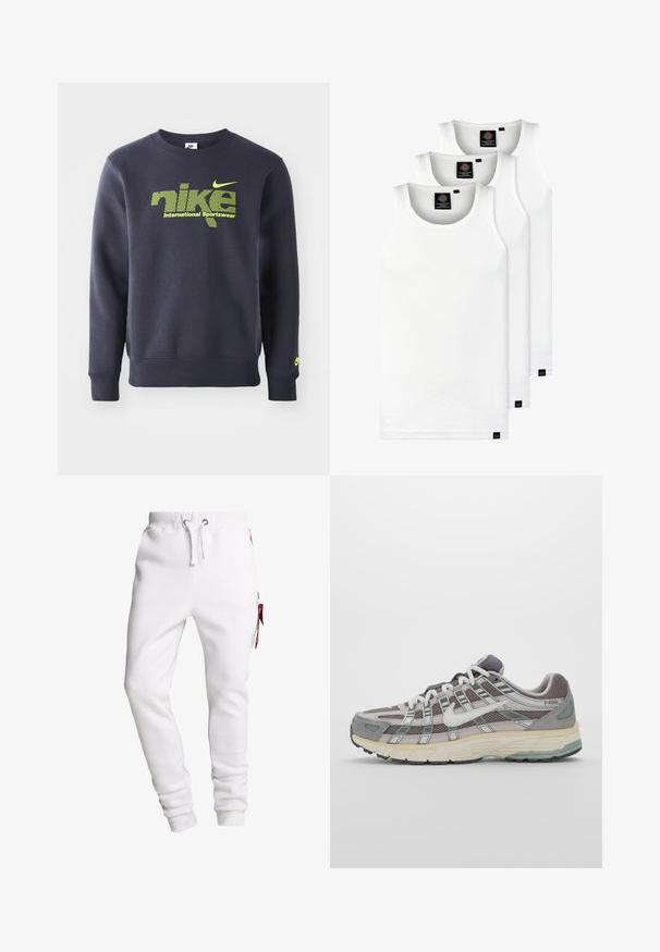 Námořnická modrá mikina vyrobená z bavlněné směsi, s neonově zeleným logem a textem "nike international sportswear" na hrudi, žebrované manžety a lem.; Tři bílé žebrované tílka vyrobené z bavlny. Mají kulatý výstřih a malé černé štítky poblíž lemu. Dostupné v několika velikostech.; Bílé joggingové kalhoty vyrobené z měkké bavlněné směsi. Mají elastický pas, šňůrku, boční kapsy a červený akcent na zipu.; Šedá sportovní obuv s vrchní částí z mikrovlákna a semiše, bílými akcenty, polstrovanou podrážkou a jedinečným designem s reflexními prvky.