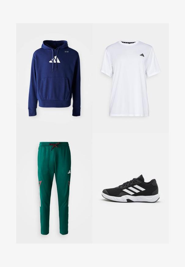 Sweatshirt azul marinho com bolso tipo canguru, capuz com cordão e logótipo branco com três riscas diagonais no peito. Textura de tecido suave.; Camiseta atlética branca de mangas curtas, feita de tecido que absorve a humidade. Apresenta um logótipo preto no lado esquerdo do peito e um decote interior com padrão.; Calças de atletismo verdes com cordão vermelho e preto, logótipo branco da Adidas na coxa e detalhes geométricos vermelhos e brancos nas laterais.; Tenis negros desportivos com um superior em malha texturizada, riscas brancas de destaque, sola acolchoada e um calcanhar reforçado para suporte.