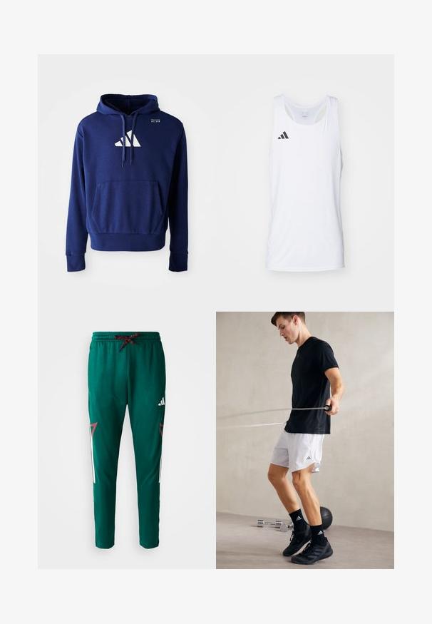 Sweat à capuche bleu marine avec une poche kangourou, capuche à cordon de serrage, et un logo blanc présentant trois bandes diagonales sur la poitrine. Texture de tissu douce.; Débardeur d'athlétisme sans manches en tissu léger de couleur blanche, avec le logo noir d'Adidas sur la poitrine gauche et un col plongeant.; Pantalons de sport verts avec cordon de serrage rouge et noir, logo Adidas blanc sur la cuisse, et accents géométriques rouges et blancs sur les côtés.; T-shirt de sport noir et shorts blancs avec des fentes sur les côtés. L'individu fait de la corde à sauter, portant des baskets noires et des chaussettes, sur un sol lisse.