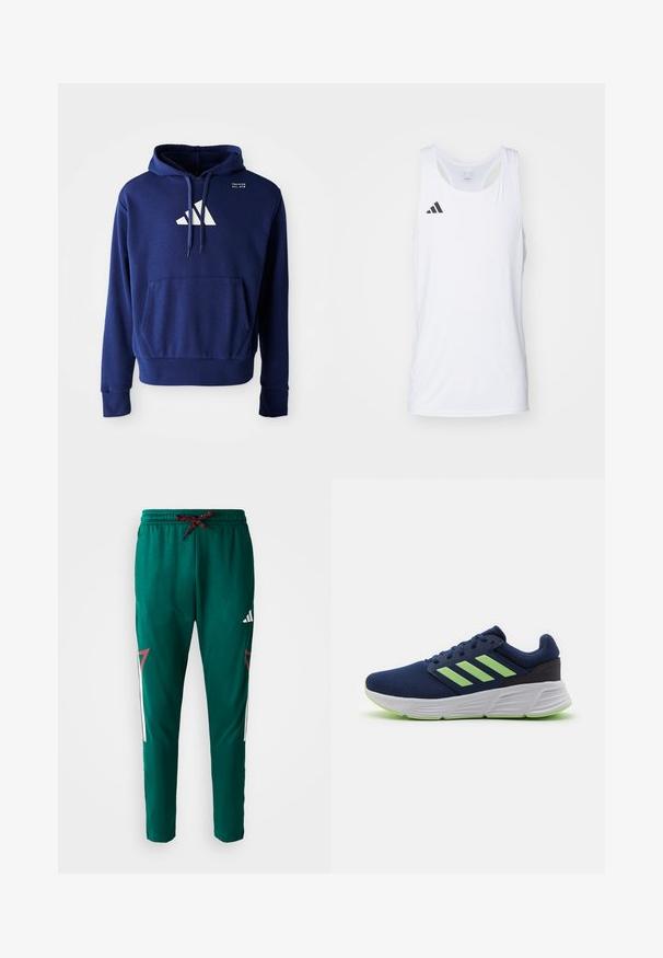 Felpa blu navy con tasca a canguro, cappuccio regolabile con lacci e logo bianco con tre strisce diagonalmente sulla parte anteriore. Tessuto morbido.; Canotta atletica bianca senza maniche realizzata in tessuto leggero, con il logo Adidas nero sul lato sinistro del petto e scollatura a girocollo.; Pantaloni sportivi verdi con cordino rosso e nero, logo Adidas bianco sulla coscia e accenti laterali geometrici rossi e bianchi.; Scarpe da corsa in rete blu navy con accenti verdi, tre strisce bianche, suola imbottita e tomaia testurizzata per traspirabilità e supporto.