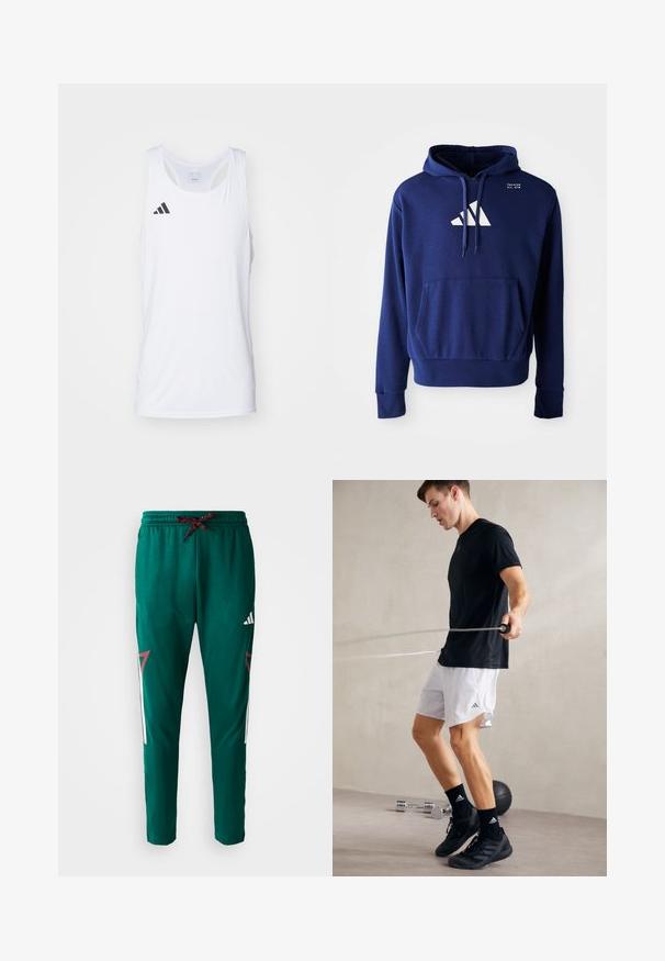 Marinblå hoodie med känguruficka, dragsko på huvan och vit logotyp med tre diagonala ränder på bröstet. Mjuk tygtextur.; Vit ärmlös träningströja gjord av lättviktsmaterial, med svart Adidas-logga på vänster bröst och rundad halsringning.; Gröna atletiska trackbyxor med röd och svart dragsko, vit Adidas-logotyp på låret och röda och vita geometriska sidodetaljer.; Svart atletisk t-shirt och vita shorts med sidoflikar. Personen hoppar hopprep, iförd svarta sneakers och strumpor, på ett jämnt golv.
