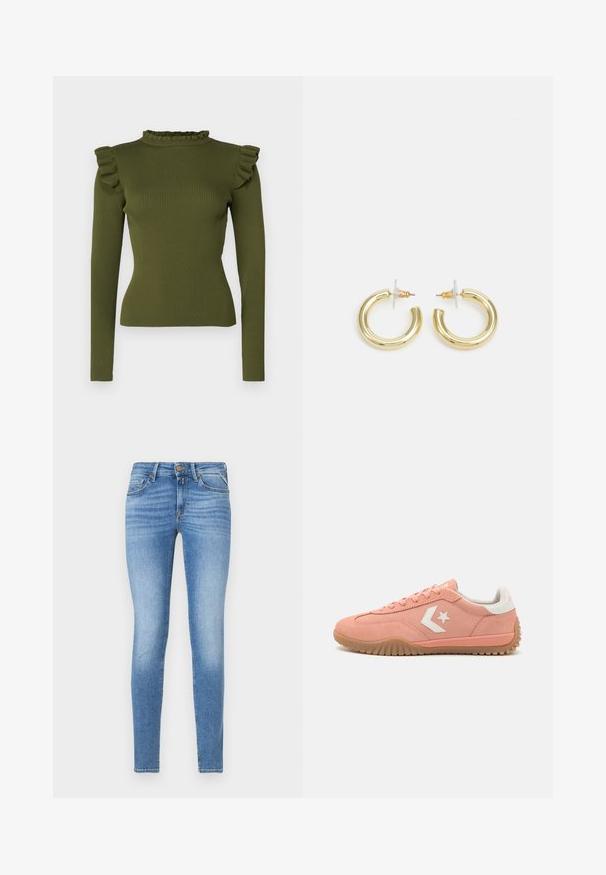 Olīvu zaļš ribota gara piedurkne tops ar volānu imitācijas kaklu un plecu akcentiem, izgatavots no elastīga auduma, kas nodrošina pieguļošu siluetu.; Šauri gaismis zili džinsi ar vidēju jostas augstumu, priekšējo pogu un piecu kabatu dizainu.; Rozā zamša kedas ar baltajiem akcentiem, ar auklām, ar teksturētu gumijas zoli un zvaigznes logo sānos. Zemas profila un vieglas.; Zelta auskari ar gludu, spīdīgu apdari. Apaļš dizains, kas ietver mazu tapu un caurspīdīgu pamatni drošai valkāšanai.