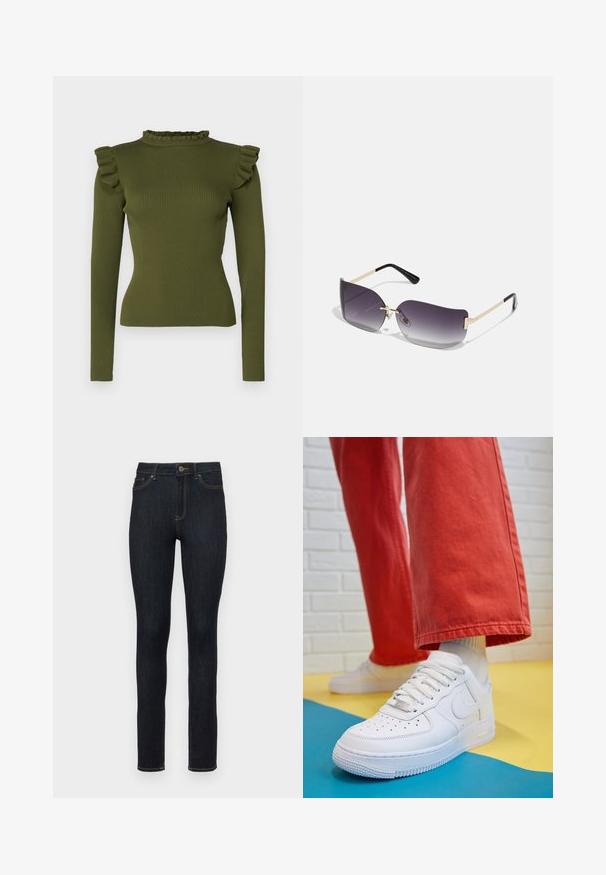 Top de manga larga acanalado verde oliva con cuello tipo alto con volantes y detalles en los hombros, confeccionado en una tela elástica para un ajuste ceñido.; Jeans skinny azul oscuro de mezclilla, con un diseño clásico de cinco bolsillos, acentos de costura dorada y un cierre de botón en la cintura.; Zapatilla de cuero blanco con caja de dedos perforada, suela texturizada y cordones blancos, combinada con pantalones rojos amplios y un fondo azul y amarillo.; Gafas de sol con lentes de graduación gris, montura metálica dorada y acentos de plástico negro. Lentes con una forma de mariposa única y varillas delgadas.; Aretes de aro de oro con un acabado suave y brillante. Diseño circular que presenta un pequeño post y un respaldo transparente para un uso seguro.