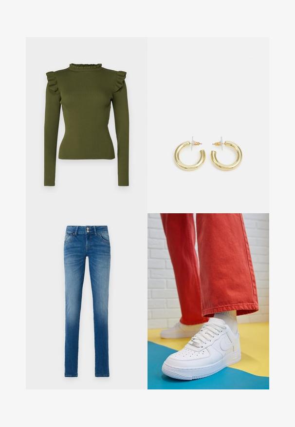 Top de manga longa em verde-oliva com detalhe de babados no colarinho e realces nos ombros, feito de um tecido elástico para uma silhueta ajustada.; Jeans de ganga azul com um efeito desbotado, apresentando um design clássico de cinco bolsos, fecho de botão e corte straight-leg.; Sapatilha de couro branca com biqueira perfurada, sola texturizada e atacadores brancos, combinada com calças largas vermelhas e um fundo azul e amarelo.; Brincos em argola dourados com um acabamento liso e brilhante. Design circular com um pequeno pino e suporte transparente para um uso seguro.