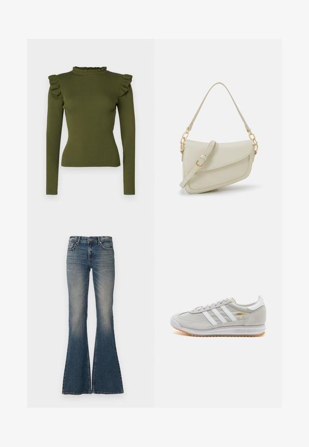 Olivovo zelený rebrovaný top s dlhým rukávom, ktorý má volánikový stojatý golier a zdobené ramená, vyrobený z elastického materiálu pre priliehavý strih.; Modré rozšírené jeansy vyrobené z denimu, s uzáverom na gombík, dizajnom s piatimi vreckami a vyšúchaním, so širokým otvorom na nohavice.; Svetlosivé tenisky vyrobené z kože a sieťoviny, s tromi bielymi pruhmi, okrúhlou špičkou a gumovou podrážkou. Zlatý logový akcent pri šnúrkach.; Malá krémová kabelka s textúrovaným povrchom, dlhým nastaviteľným popruhom, reťazovým detailom a klopovým uzáverom. Zlaté kovové prvky.