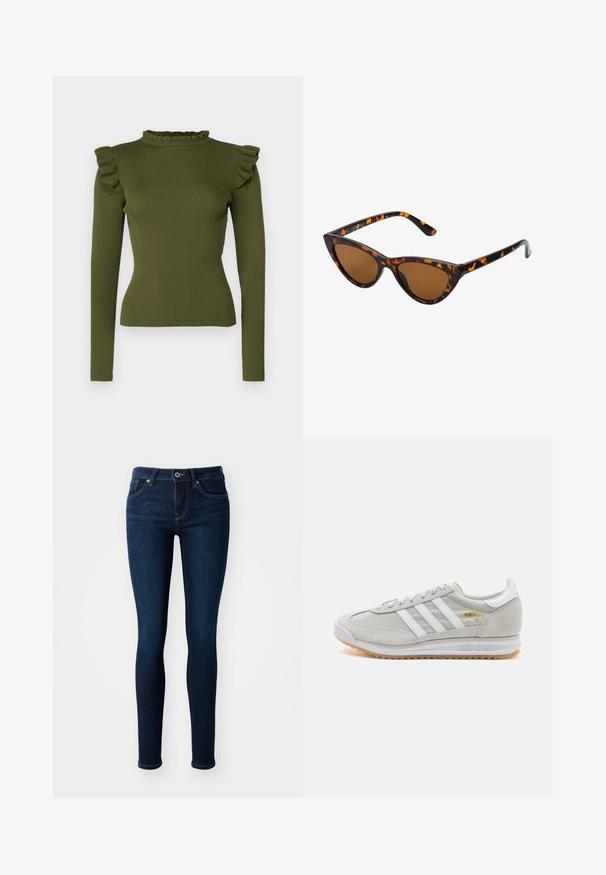 Top de manga larga acanalado verde oliva con cuello tipo alto con volantes y detalles en los hombros, confeccionado en una tela elástica para un ajuste ceñido.; Jeans ajustados de color azul oscuro con un diseño clásico, que presentan bolsillos frontales, un cierre de botón sencillo y una textura ligeramente desgastada.; Zapatilla de color gris claro hecha de ante y malla, con tres franjas blancas, punta redonda y suela de goma. Acento en logo dorado cerca de los cordones.; Gafas de sol estilo ojo de gato con montura de carey negra y naranja, lentes marrones y puntas elegantes y afiladas. Presenta un logo minimalista en la patilla.; Pendientes de aro de plata con diseño retorcido, que presentan un acabado pulido y cierre de presión. Miden aproximadamente 3 cm de diámetro.