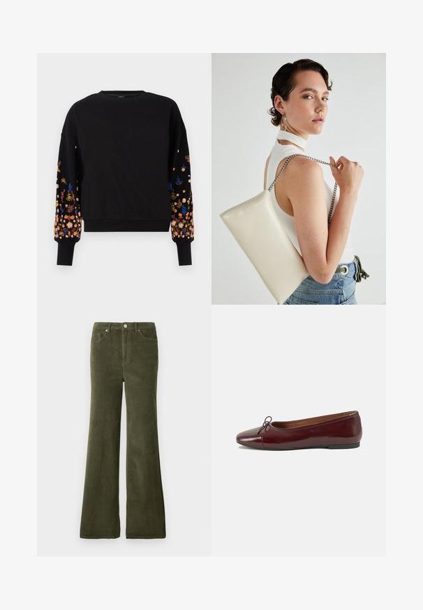 Schwarzer Pullover mit leuchtend buntem Blumenstickerei auf den Ärmeln, runder Halsausschnitt und gerippte Bündchen.; Olivgrüne Cord-Hose im Glockenschnitt mit glatter Textur, Fronttaschen und einem Metallknopfverschluss an der Taille.; Burgunderfarbenes, lackiertes Ballettschuh mit abgerundetem Zehenbereich, kleiner Schleifenakzent vorne und einer niedrigen, schwarzen Gummisohle. Glatte Textur.; Weiße rechteckige Clutch aus glänzendem Material mit einem silbernen Kettenriemen. Das Model posiert und präsentiert die Tasche vor einem schlichten Hintergrund.