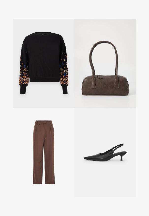 Melnā džemperis ar ziedu izšuvumiem spilgtās krāsās uz piedurknēm, aprīkots ar apkakli un ribotām aprocēm.; Brūnās aužas platas kāju bikses ar augstu jostu, priekšējiem krokiem un pogu detalizāciju. Gluda tekstūra ar pielāgotu dizainu.; Melnas ādas slīdošās kurpes ar norādītu pirkstu un šauru, izliekta papēdi. Ar diskrētu regulējamu siksniņu ar metāla sprādzi.; Brūna ādas rokassoma ar divām izturīgām rokturām, taisnstūra forma, gluda tekstūra un ar rāvējslēdzēju. Minimālisma dizains bez redzamām rakstzīmēm.