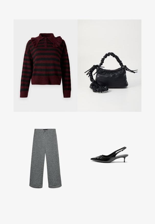 Burgundy and black striped knitted sweater with a ruffled collar, three-button placket, and cropped hem. Soft texture with relaxed fit.; Wide-leg trousers in a textured gray knit fabric. Features a high waistband and straight legs, offering a relaxed fit throughout.; Black leather slingback heels with a pointed toe, low kitten heel, and gathered detail on the vamp. Smooth texture and minimalist design.; Black faux leather handbag with a crocodile texture, cinched top, and a scrunched strap. Appears soft and compact in design.