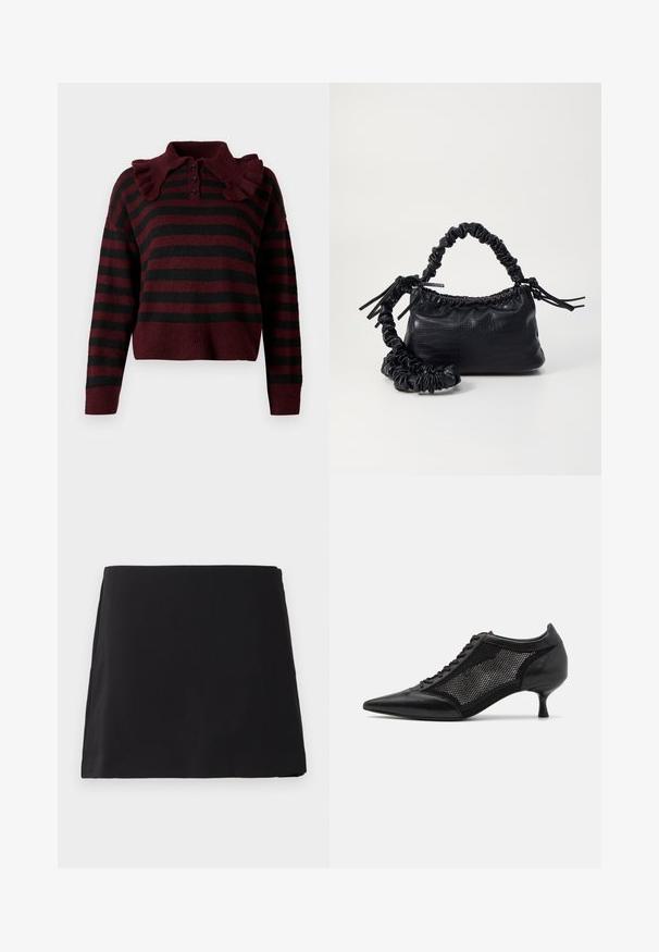 Burgundy és fekete csíkos kötött pulóver fodros gallérral, háromgombos záródással és cropped szabással. Puha textúrájú, laza fit.; Fekete, egyenes szabású mini szoknya sima textúrával, síkban elhelyezve egy fehér háttér előtt.; Fekete, hegyes orrú cipő, hálós panel tervezéssel, alacsony sarokkal és fűzős elülső résszel. Bőrből és hálós anyagból készült.; Fekete műbőr kézi táska krokodil bőr textúrával, összehúzható tetejű és gyűrt pánttal. Lágy és kompakt dizájnúnak tűnik.