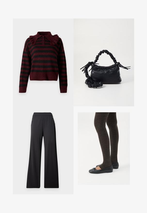 Burgundska i crna prugasta pletena majica s volanima oko ovratnika, plaketom s tri gumba i skraćenim donjim dijelom. Mekana tekstura s opuštenim krojem.; Crne široke hlače viskog struka s dekorativnim dugmadi sa strane, prikazane ravno na jednostavnoj pozadini.; Crne ravne cipele s malim mašnom na vrhu prstiju, uparene s tamnosmešnim rebrovanim čarapama. Cipele imaju glatku teksturu i nizak profil.; Crna torba od umjetne kože s teksturom krokodila, s cinčanim vrhom i naboranom trakom. Izgleda mekano i kompaktno u dizajnu.