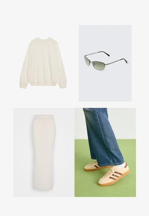 Svetlobežový sweatshirt vyrobený z mäkkej zmesi bavlny. Má dlhé rukávy, okrúhly výstrih a rebrované manžety a spodný okraj s uvoľneným strihom.; ONLY Tall ONLJEANETT LIFE LONG SKIRT - Maxisukňa - birch melange; Béžové tenisky s textúrovanými krémovými panelmi a hnedými pruhmi, skombinované s modrými džínsami. Džínsy majú široké nohavice a roztrhnutý lem.; Dvojité kovové slnečné okuliare s predĺženými zelenými sklami, štíhlym strieborným rámom a čiernymi koncami nožičiek. Obsahujú malé nosové podložky pre pohodlie.