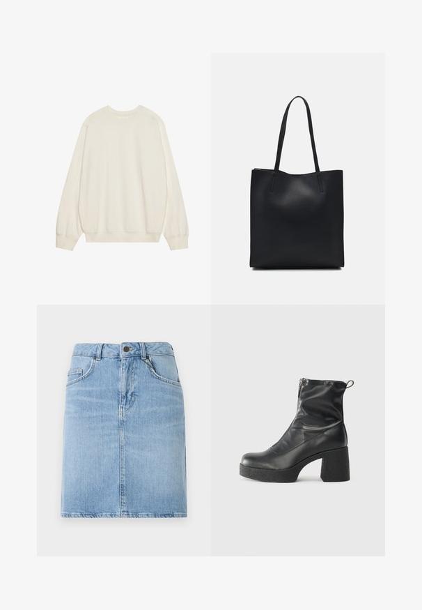 Světlý béžový svetr vyrobený z měkké bavlněné směsi. Má dlouhé rukávy, kulatý výstřih a žebrované manžety a lem s uvolněným střihem.; Světle modrá džínsová sukně s rovnými liniemi, má přední kapsy a zapínání na knoflík. Texturovaný povrch s minimálním blednutím.; Černé kotníkové boty vyrobené z hladké kůže, s bočním zipem, robustním strukturovaným podpatkem a kulatou špičkou.; Černá kožená taška přes rameno s hladkým povrchem, obdélníkovým tvarem a dvěma dlouhými uchy. Žádné viditelné kování ani ozdoby.