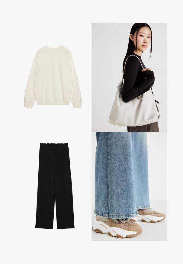 Svijetlo bež dukserica izrađena od meke mješavine pamuka. Ima duge rukave, okrugli izrez te rebraste manžete i donji rub s opuštenim krojem.; Crne široke hlače s naboranim pojasom, koje imaju dva bočna džepa i glatku, laganu tkaninu. Nema vidljivih uzoraka ili metalnih dijelova.; Steve Madden POSSESSIONE - Tenisice - oatmeal; Bežna torba od mekog materijala s opuštenim dizajnom, šivanim detaljima i dva remena za rame. Pogodna za svakodnevnu upotrebu.