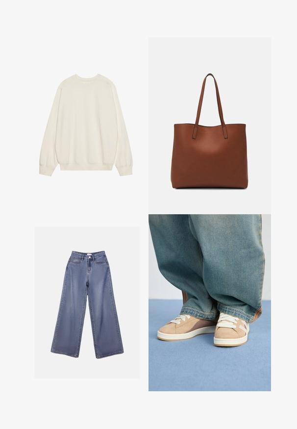 Sweatshirt beige claro feito de uma mistura de algodão suave. Apresenta mangas longas, decote redondo e punhos e bainha canelados com um corte descontraído.; Calças de ganga de perna larga numa lavagem azul clara, com uma cintura alta, bolsos frontais e fecho de botão com passadores para cinto.; Sapatilhas bege em materiais de camurça e tecido, com atacadores brancos, realces castanho claro e uma sola texturizada. Usadas com calças de ganga azul largas.; Bolsa tote de couro castanho com uma textura suave, design de abertura superior e duas alças para o ombro. Apresenta costura mínima e sem hardware visível.