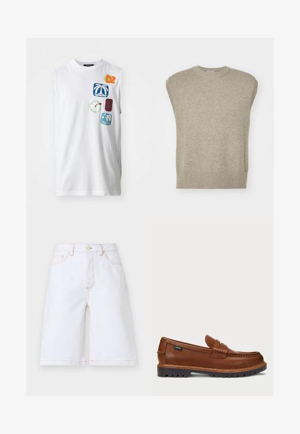 Ärmelloser Strickpullover in hellem Beige mit rundem Halsausschnitt, geripptem Saum und schlichtem Design mit glatter Textur.; Weißes ärmelloses Baumwoll-T-Shirt mit bunten Grafiken und Aufnähern, darunter Palme, Blumen und abstrakte Designs in Blau, Grün und Rot.; Weiße Denim-Shorts mit geradem Schnitt, fünf Taschen und kontrastierenden hellbraunen Nähten. Beinhaltet einen vorderen Knopf- und Reißverschluss.; Braune Leder Slipper mit dekorativer Naht und strukturiertem Zehenbereich. Die Sohle hat ein robustes Design, das Traktion und Langlebigkeit bietet.