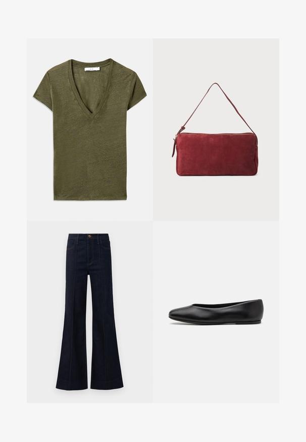 Krémový pletený svetr s kulatým výstřihem, dlouhými rukávy a žebrovanými detaily na manžetách a spodním lemu. Měkká, jemná textura.; Olivově zelené tričko s výstřihem do V a krátkými rukávy, vyrobené z měkkého materiálu, s volným střihem a nenápadnou melírovanou strukturou.; Tmavě modré džíny s rozšířenými nohavicemi a vysokým pasem, předními kapsami a viditelným švem. Materiál má hladkou strukturu a pevný tvar.; Paul Smith TOPANGA - Klasické baleríny - black; Burgundská semišová kabelka přes rameno s jedním popruhem, plochý obdélníkový tvar a zlatý zip. Hladký povrch s minimalistickým designem.