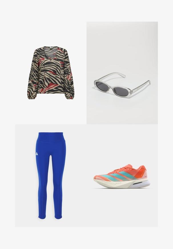 Afskåret hoodie i lysegrå, lavet af blødt materiale. Har hætte, snøre og ribbede manchetter. Glat tekstur uden mønstre.; Langærmet, løstsiddende bluse i beige med sorte og røde zebrastriber. Har V-hals og elastiske manchetter for et tekstureret udseende.; Blå kortærmet atletisk t-shirt med rund hals; lavet af letvægtsstof; har et hvidt Adidas-logo på venstre skulder.; Blå trænings leggings med højt talje, fremstillet af strækbart materiale, med et hvidt logo på venstre hofte og diskrete sømme.; Løbesko med en åndbar mesh-overdel i koral og aqua, med tre striber, en polstret sål og et slankt design.; Solsikker med oval form, klar plastramme, mørkegrå linser og tynde gennemsigtige arme med logovariationer og minimal detaljer.