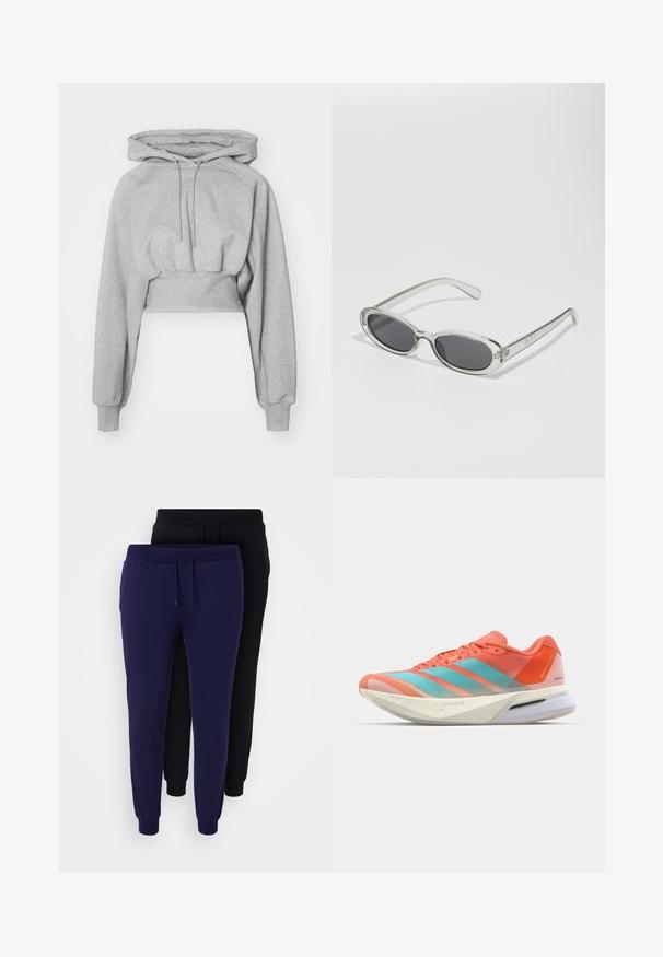Cropped hoodie in light gray, made of soft material. Features a hood, drawstring, and ribbed cuffs. Smooth texture with no patterns.; Blue short-sleeve athletic t-shirt with a round neckline; made of lightweight fabric; features a white Adidas logo on the left shoulder.; Even&Odd Curvy 2 PACK - Tracksuit bottoms - black/blue; Running shoe with a breathable mesh upper in coral and aqua, featuring three stripes, a cushioned sole, and a sleek design.; Sunglasses with an oval shape, clear plastic frame, dark gray lenses, and thin transparent arms featuring logo accents and minimal detailing.
