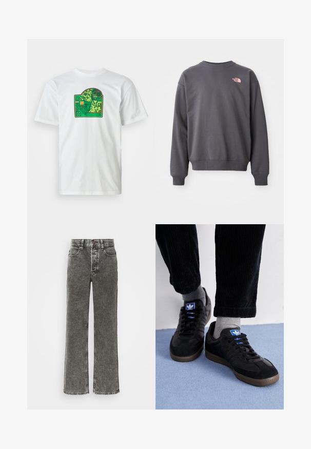 Gray sweatshirt made of cotton blend, crew neckline, ribbed cuffs and hem. Features a small pink logo on the upper left chest.; White cotton T-shirt with a green circuit board graphic featuring intricate patterns, red accents, and a layered design element.; Wide-leg jeans in faded black denim, featuring a button closure, five-pocket design, and contrast stitching along the seams.; Black sneakers with suede and leather material, featuring a blue logo and brown rubber sole. Paired with gray socks and corduroy pants.