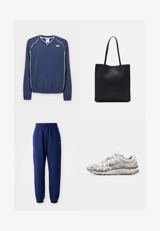 Pulôver azul marinho da Nike de manga comprida com decote em V, com costuras realçadas a branco e punhos e bainha elásticos. Apresenta um logótipo no lado esquerdo do peito.; Calças de fato de treino azul marinho feitas de um tecido suave, com uma cintura elástica com cordão, punhos elásticos e um pequeno logótipo branco.; Sapatilha atlética branca com parte superior em malha, detalhes em castanho claro e sola acolchoada. Apresenta um fecho de atacadores e texto na lateral.; Bolsa tote preta em couro com textura lisa, forma retangular e duas alças longas. Sem hardware ou enfeites visíveis.